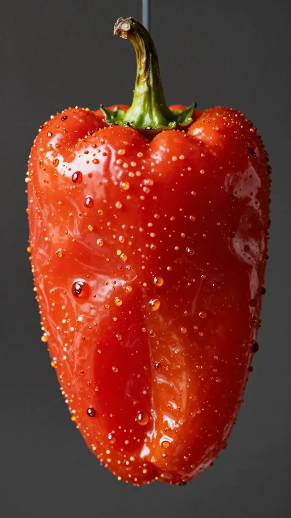 single roasted red pepper coated in mojo picón, closeup