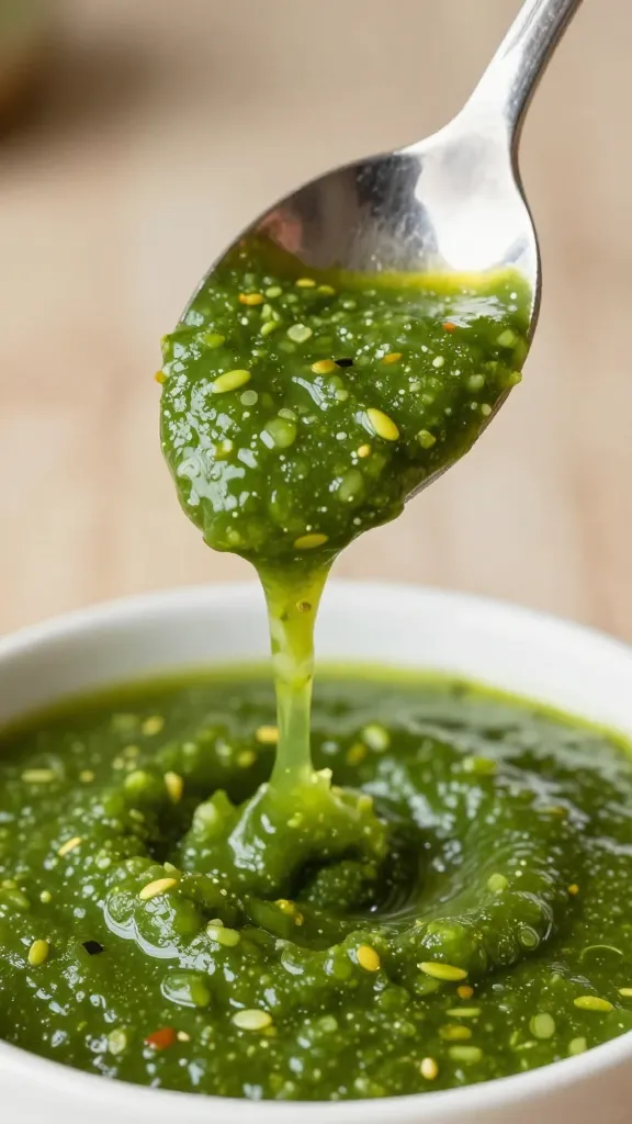 spoonful of salsa verde dripping, stainless spoon