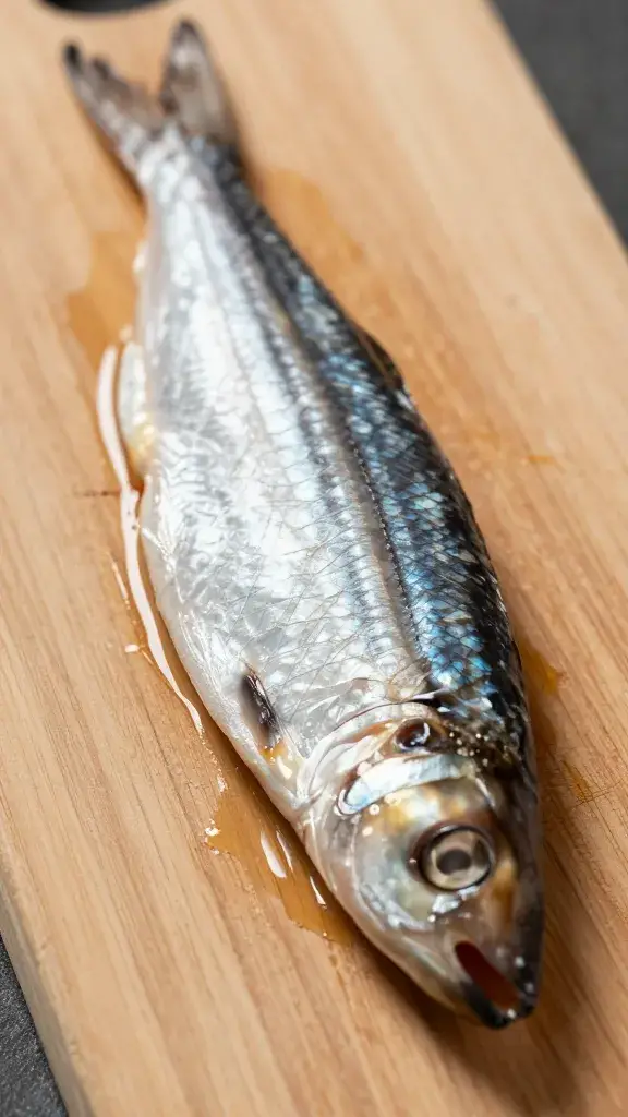 single anchovy fillet on wooden board, oiled sheen