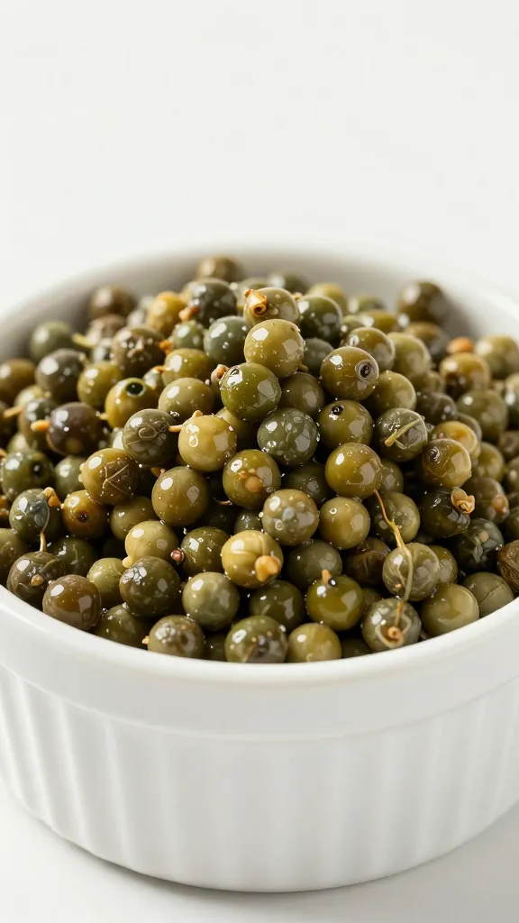 heaped capers in small ceramic ramekin, briny glisten
