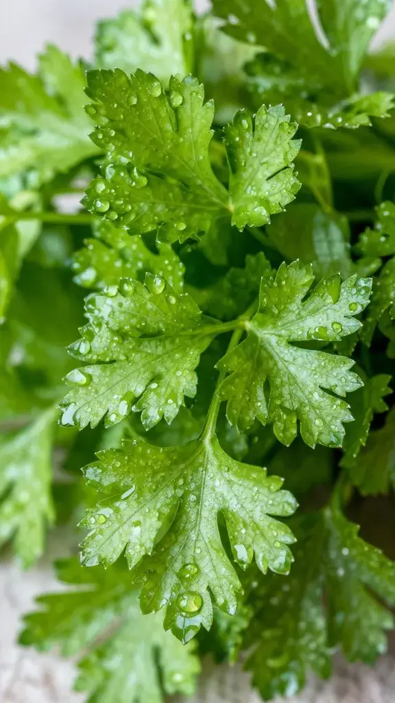 parsley bunch closeup, dewy leaves, vibrant green
