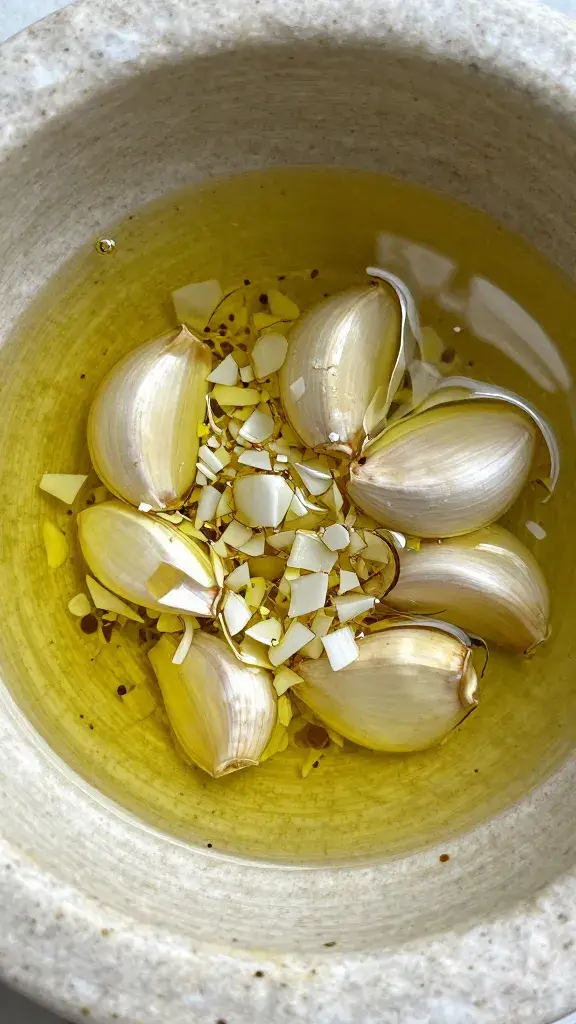 mortar of smashed garlic with olive oil, macro