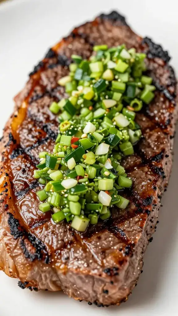 grilled steak slice topped with salsa verde, closeup