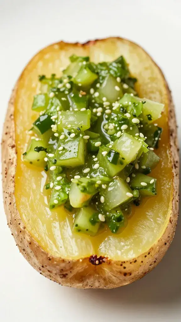 roasted potato half with salsa verde dollop, macro