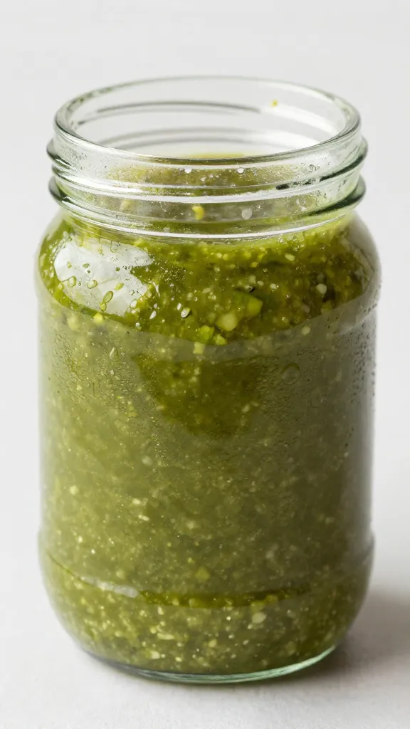 glass jar of salsa verde with condensation, lid off