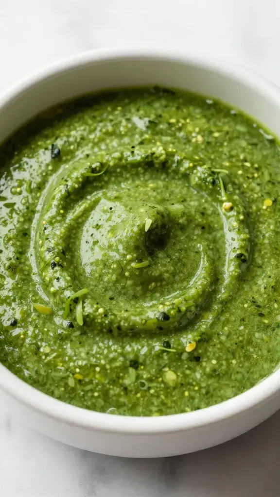 closeup bowl of French sauce verte on marble