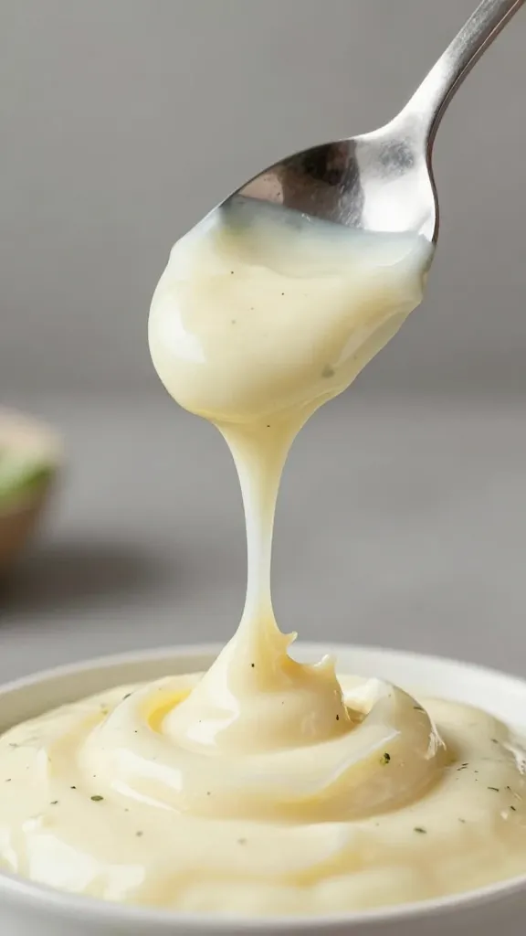 spoonful of herb mayo dripping from silver spoon