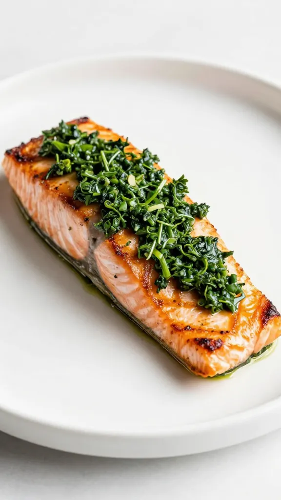 grilled salmon fillet topped with sauce verte