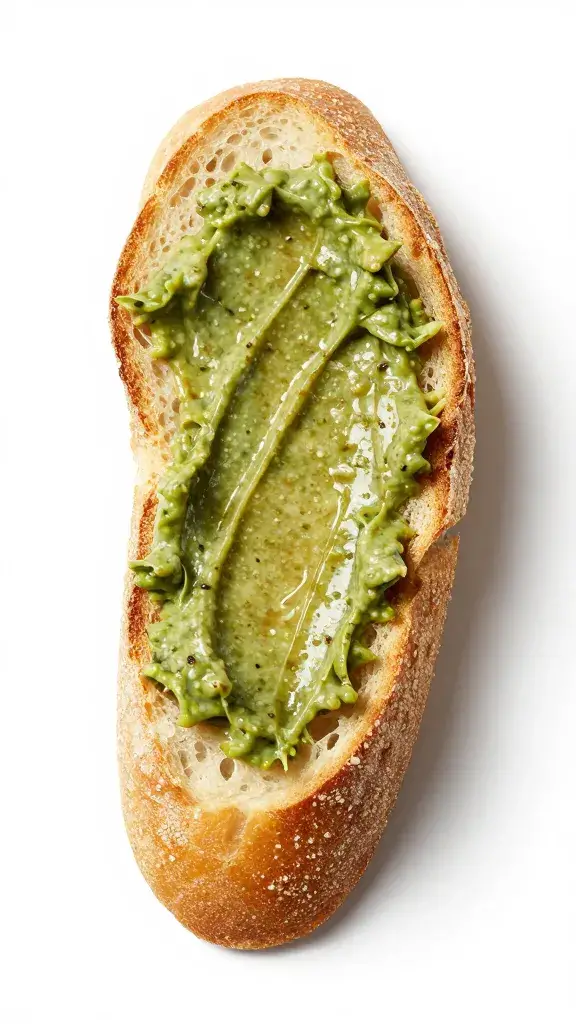 crusty baguette slice smeared with sauce verte