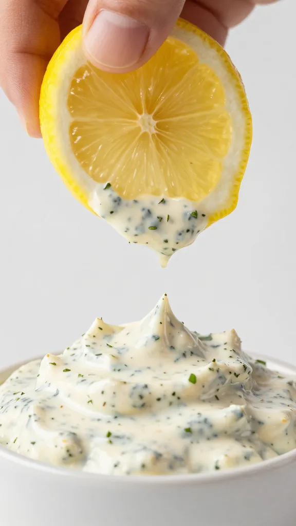 lemon wedge squeezed over herb mayo closeup