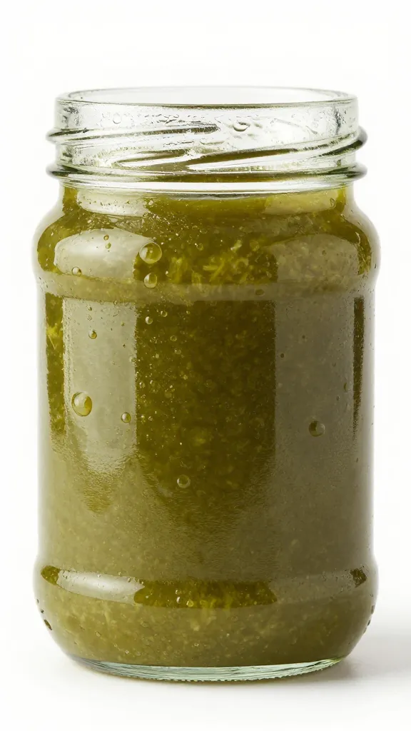 glass jar of sauce verte with condensation