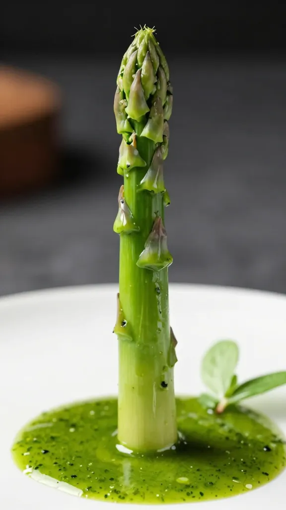 single asparagus spear dipped in sauce verte