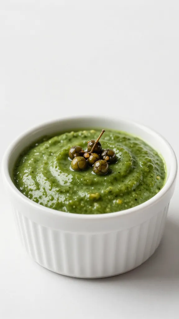 porcelain ramekin of sauce verte with caper garnish