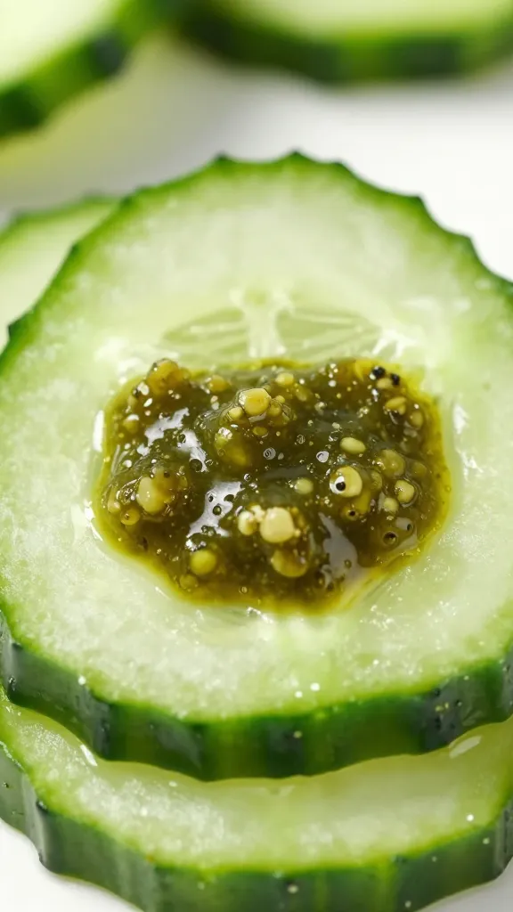 crisp cucumber slice topped with sauce verte