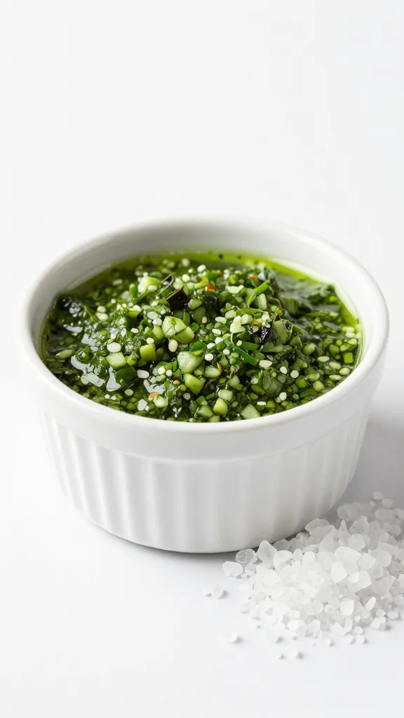 white ceramic ramekin of chimichurri, coarse sea salt beside
