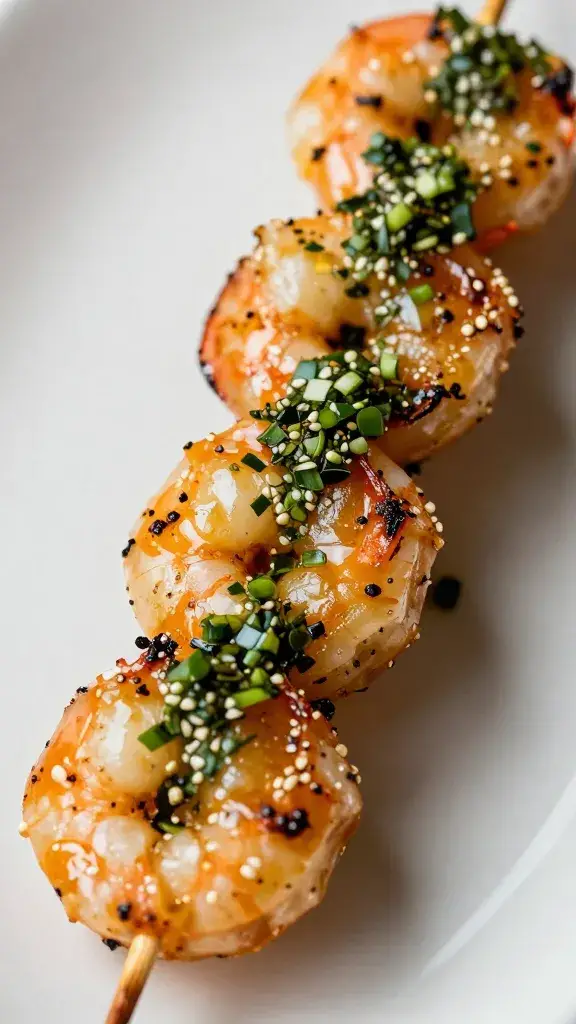 closeup grilled shrimp skewer glazed with coastal chimichurri