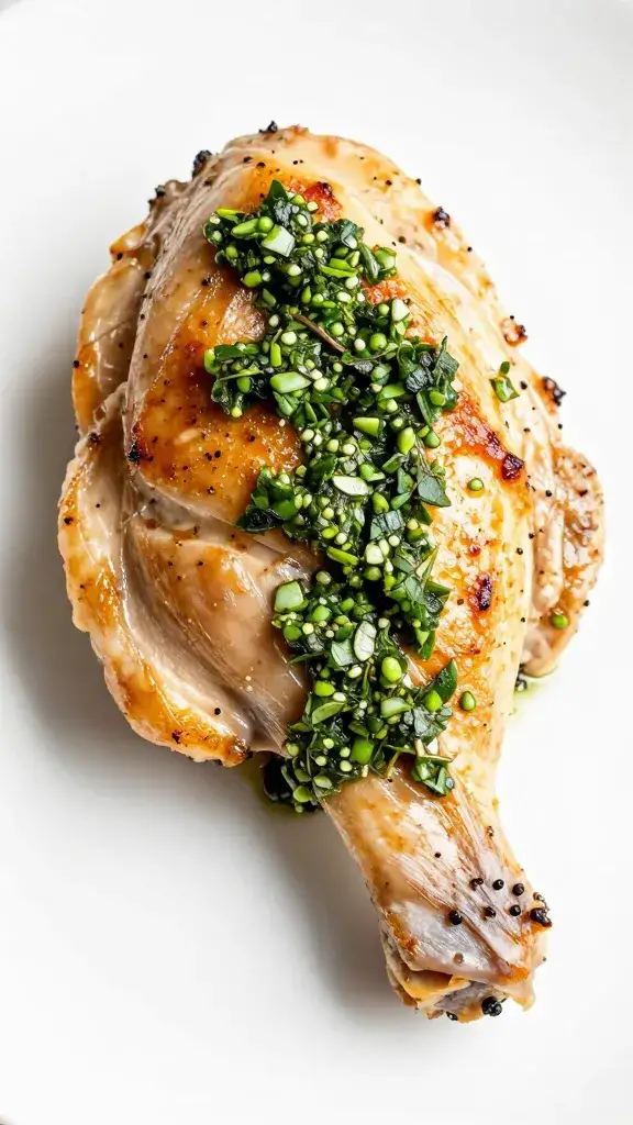 single seared chicken thigh topped with bright oregano chimichurri