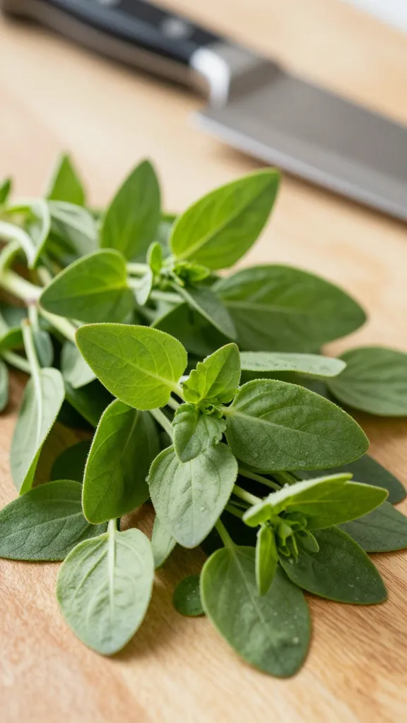closeup pile of fresh oregano leaves next to chef’s knife