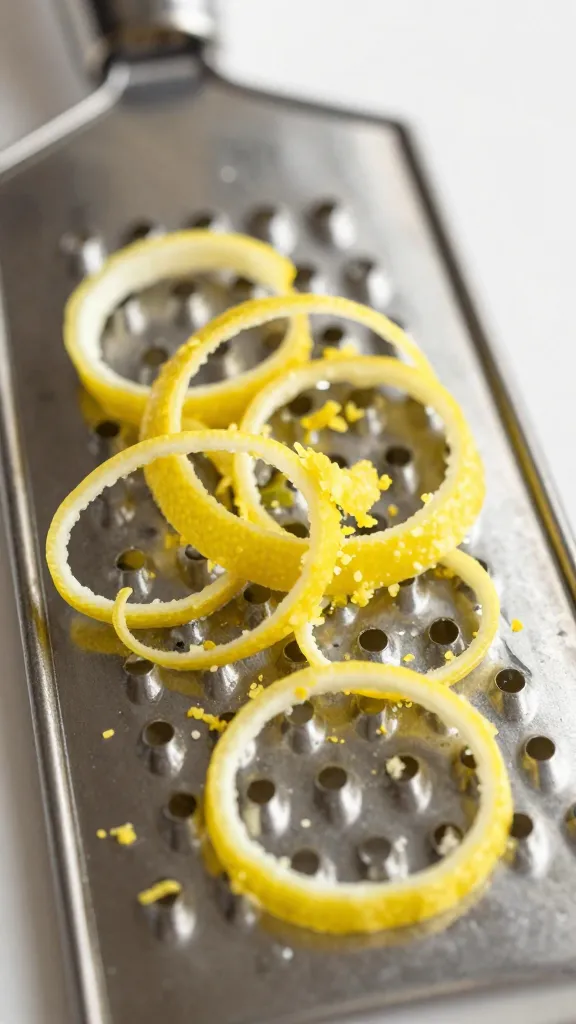 microplane grater with fresh lemon zest curls, closeup
