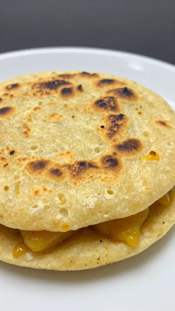 single arepa topped with Colombian aji, closeup