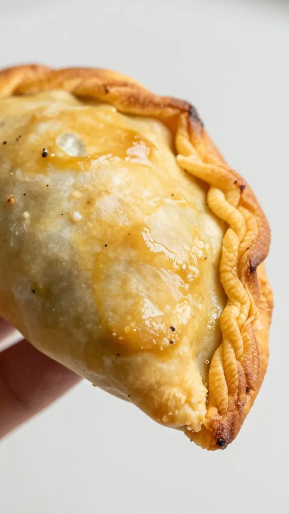 empanada bite with Colombian aji smear, macro