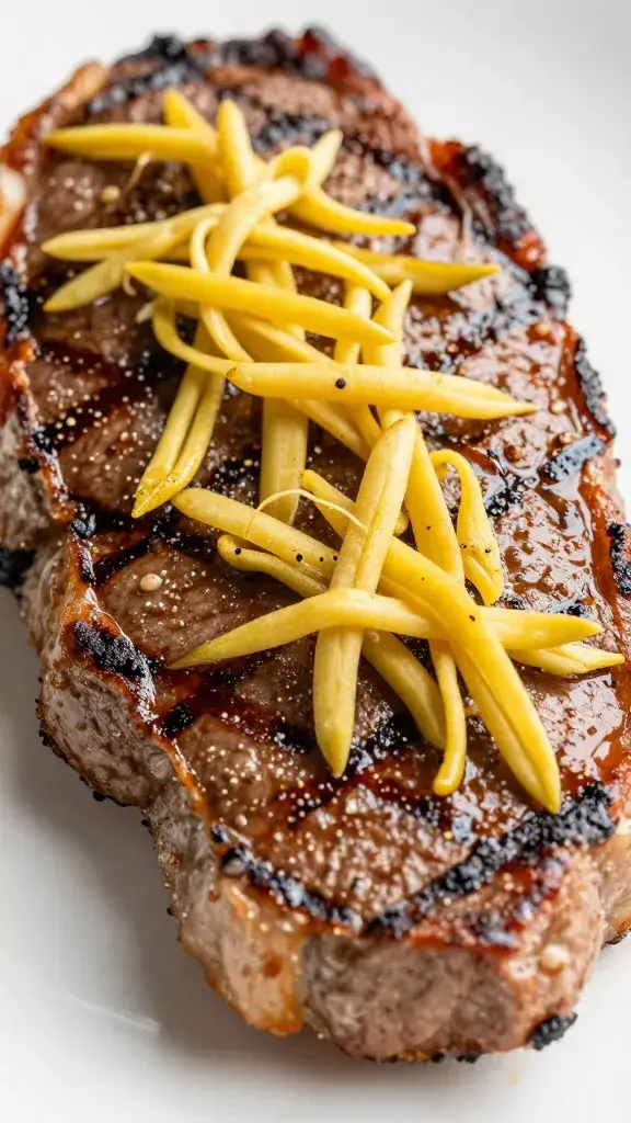 grilled steak slice topped with Colombian aji, closeup