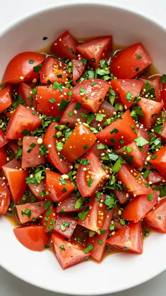 diced tomato and cilantro aji in shallow dish, overhead