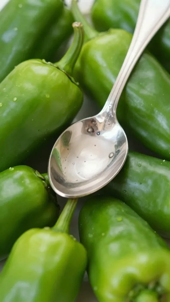 silver spoon resting in bright green aji, closeup