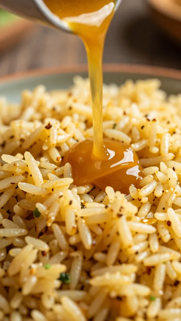 drizzle stream of Colombian aji over rice, macro shot