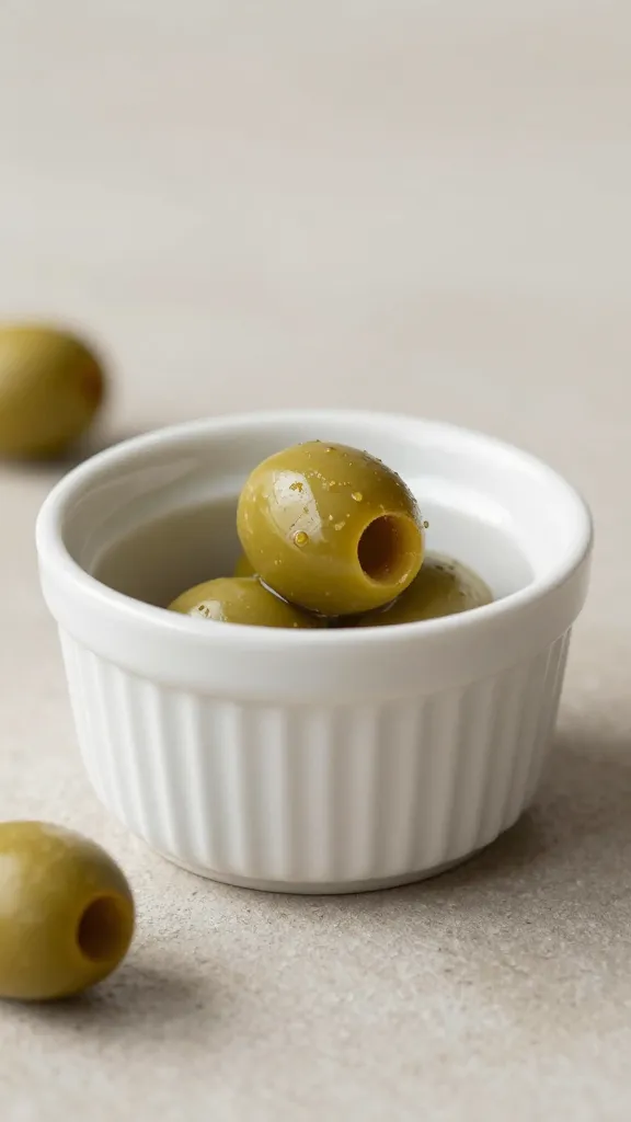 white ceramic ramekin of Huancaína, garnished with olive slice