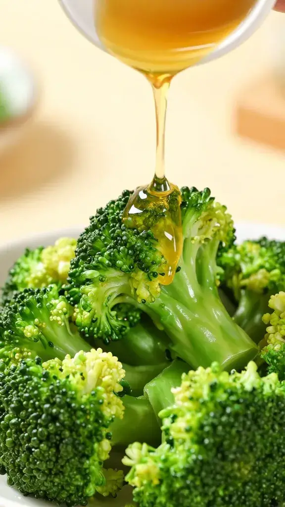 drizzle of Huancaína over steamed broccoli floret, closeup