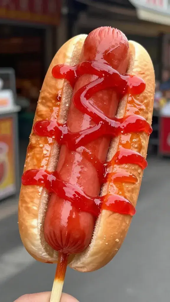 glossy red Filipino hotdog on stick, street-style closeup