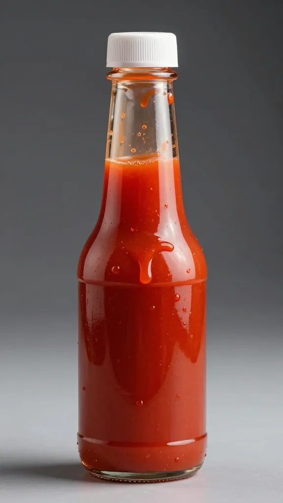 banana ketchup bottle, neon-red sauce drips on glass