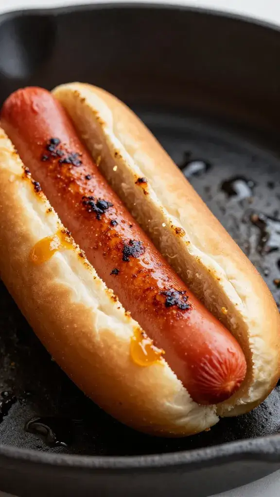 skillet-seared red hotdog, caramelized edges, closeup
