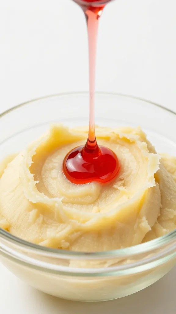 mashed banana in bowl, red dye drop suspended