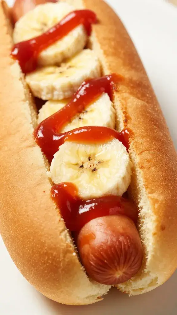 toasted hotdog bun with banana ketchup smear, macro