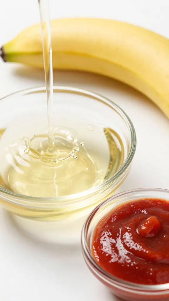 vinegar splash in clear dish beside banana ketchup, macro