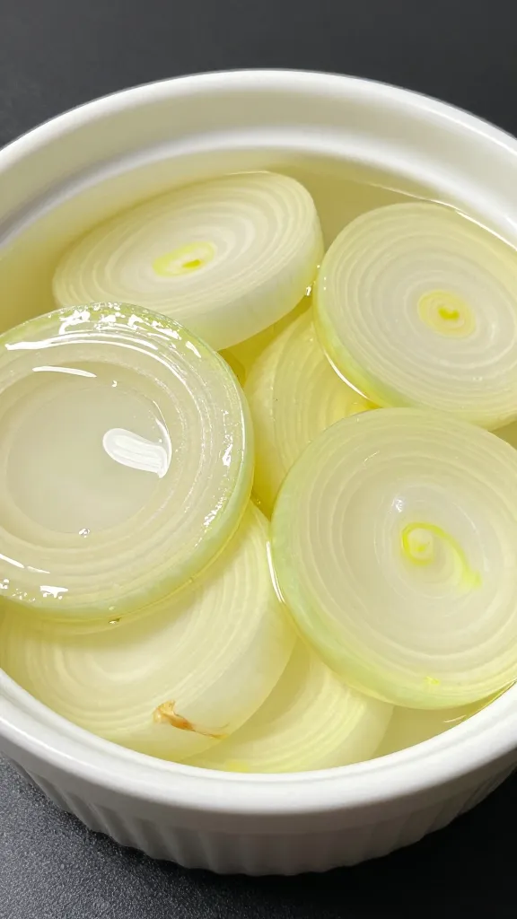 sliced shallots glistening with oil in small ramekin