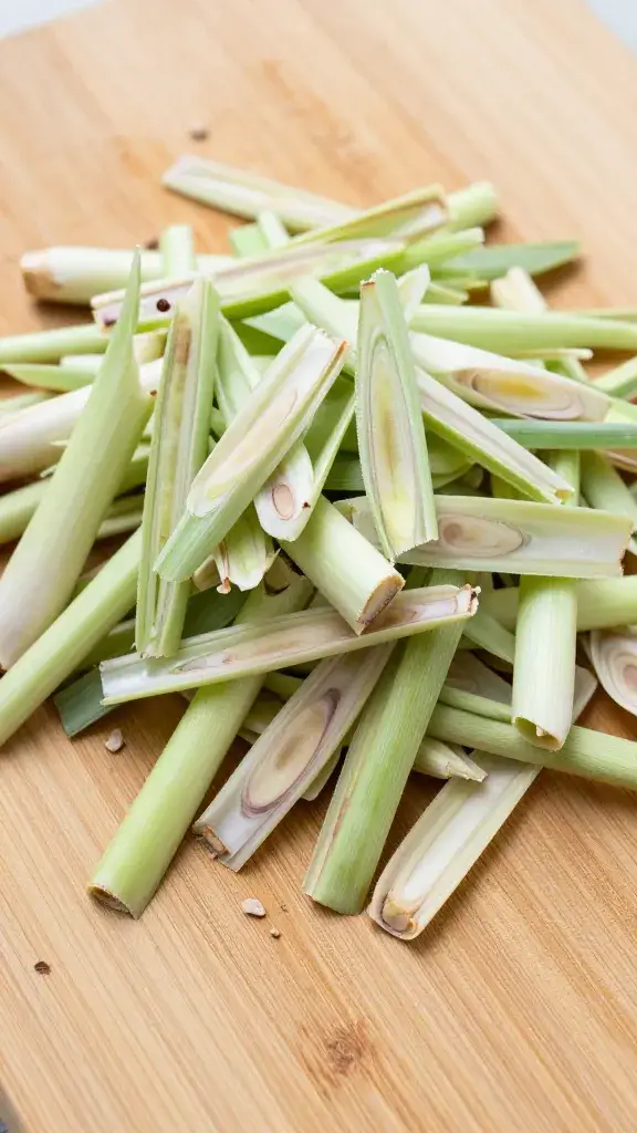 finely chopped lemongrass stalk on cutting board