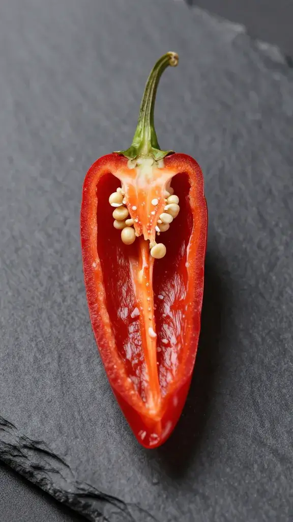 red bird’s eye chili cross-section on slate surface