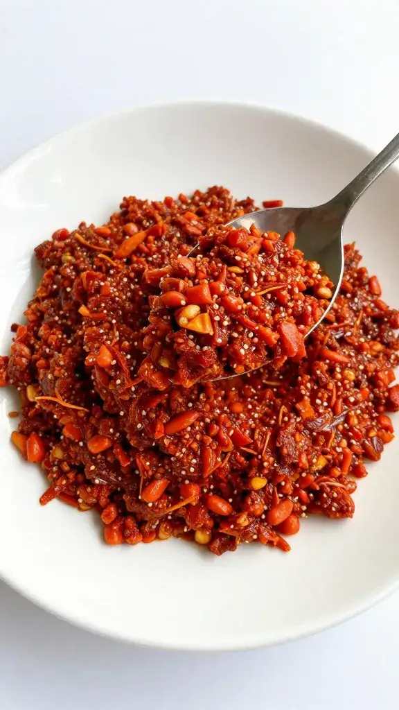 spoonful of sambal matah held over white plate