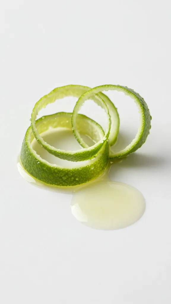 lime zest curls beside tiny pool of oil