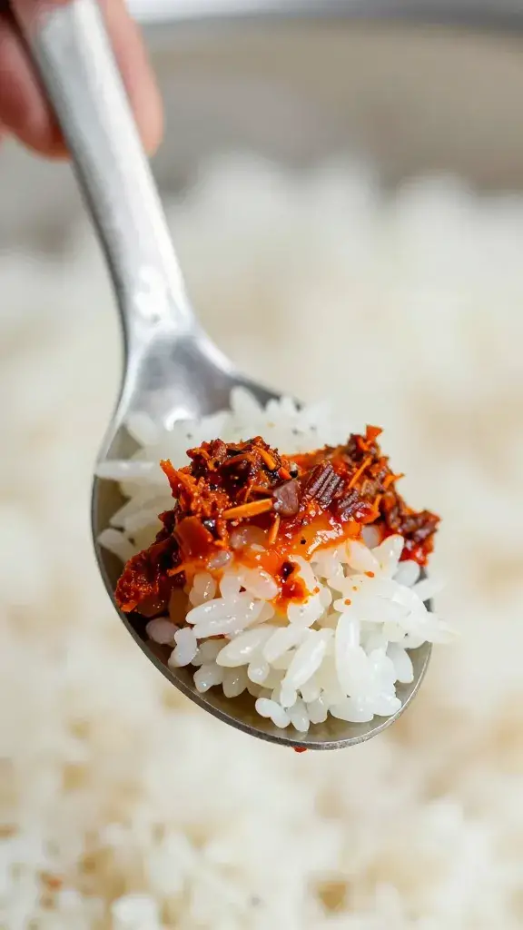 single rice spoon topped with sambal matah