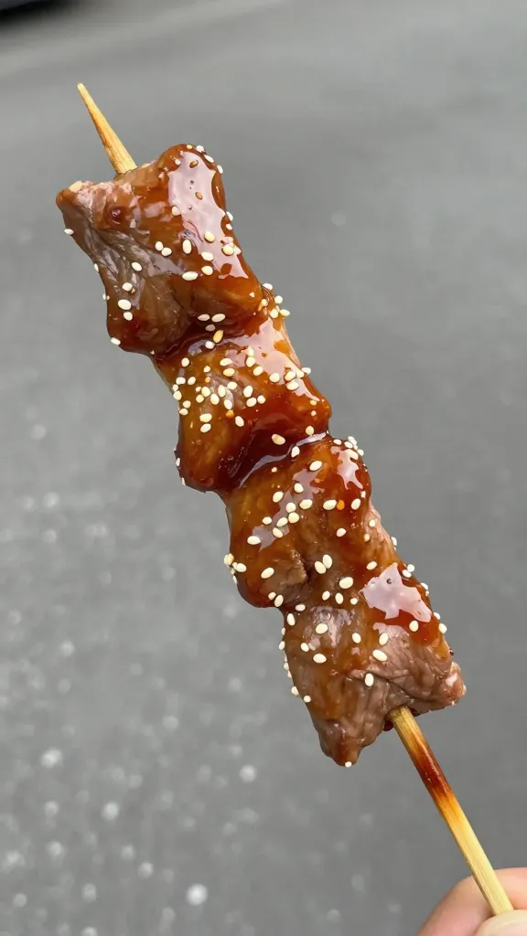 single beef satay skewer lacquered with sweet soy glaze