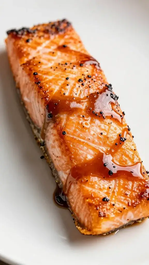 glazed salmon fillet with kecap manis sheen, macro