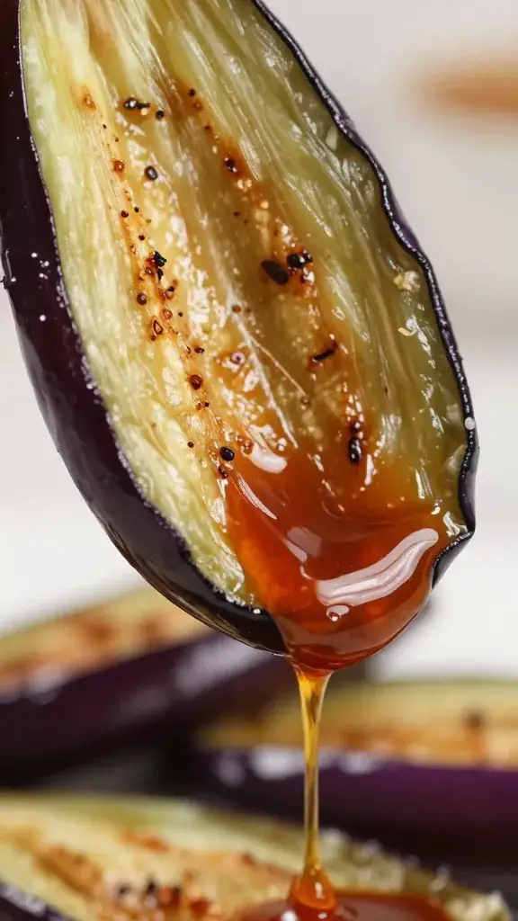 grilled eggplant slice dripping kecap manis glaze, closeup