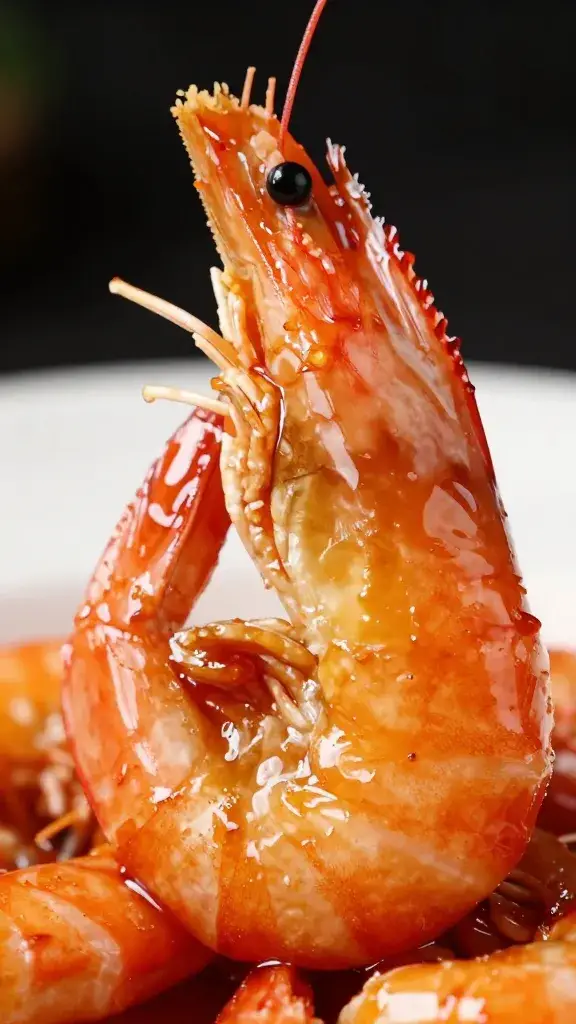 single shrimp glazed with sweet soy, high-gloss closeup