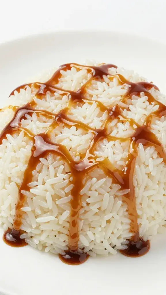 steamed rice mound streaked with kecap manis gloss