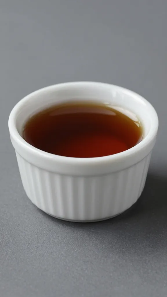 porcelain ramekin of kecap manis glaze, mirror-like surface