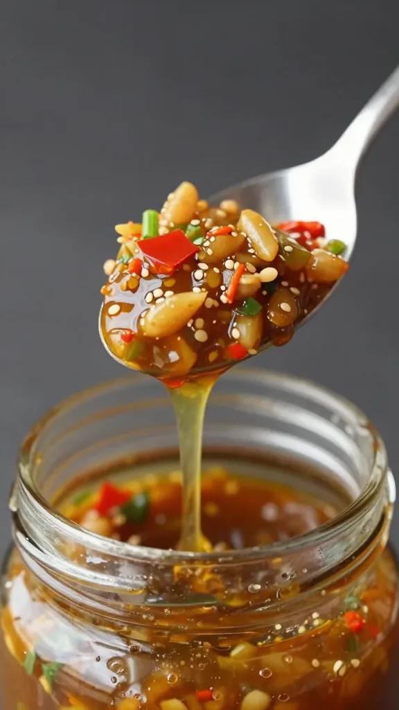Spoonful of nam prik pao dripping from jar rim